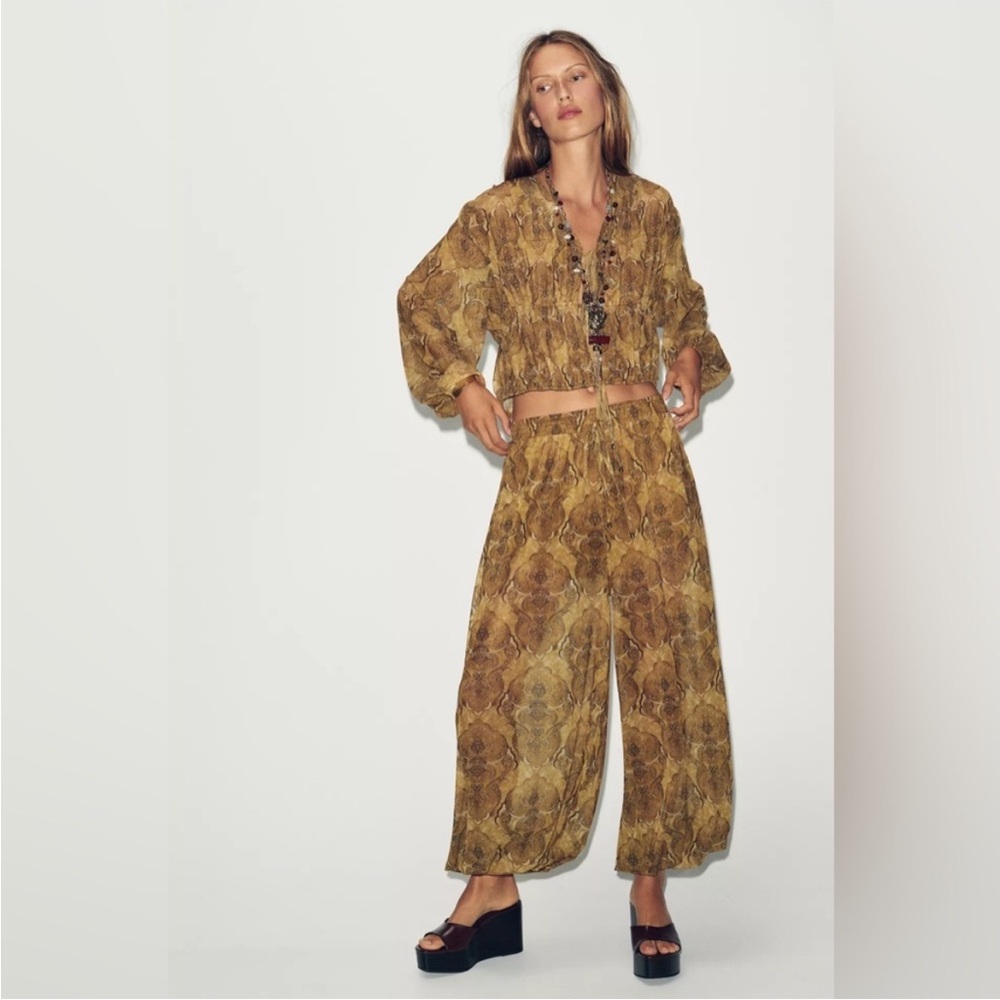 Zara Mustard-Tan Printed Wide-Leg Pants